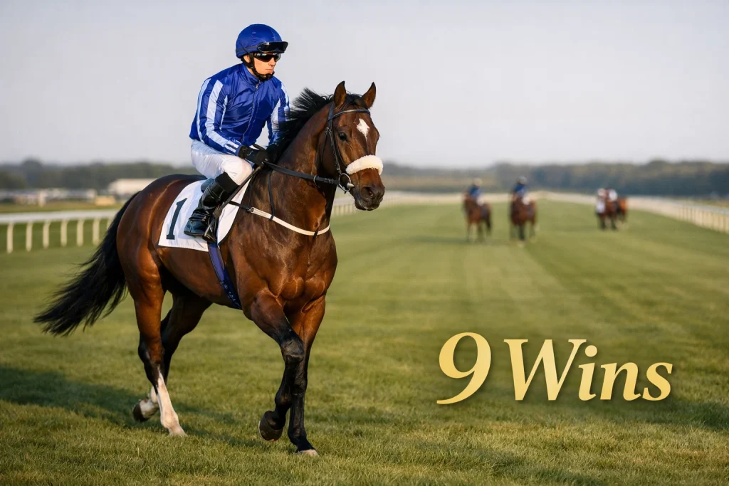 Thoroughbred racehorse in Ballydoyle blue silks cantering to the start on turf