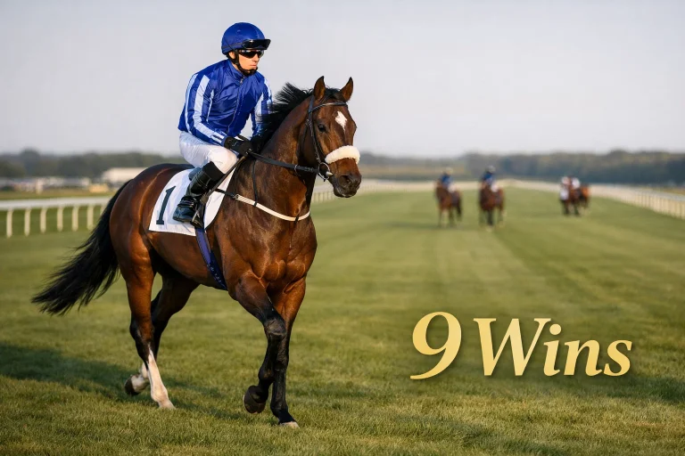 Thoroughbred racehorse in Ballydoyle blue silks cantering to the start on turf