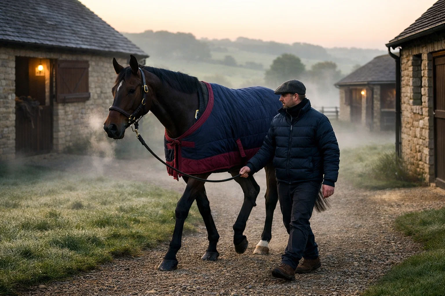 Thoroughbred racehorse led by stable staff through a training yard on a misty morning
