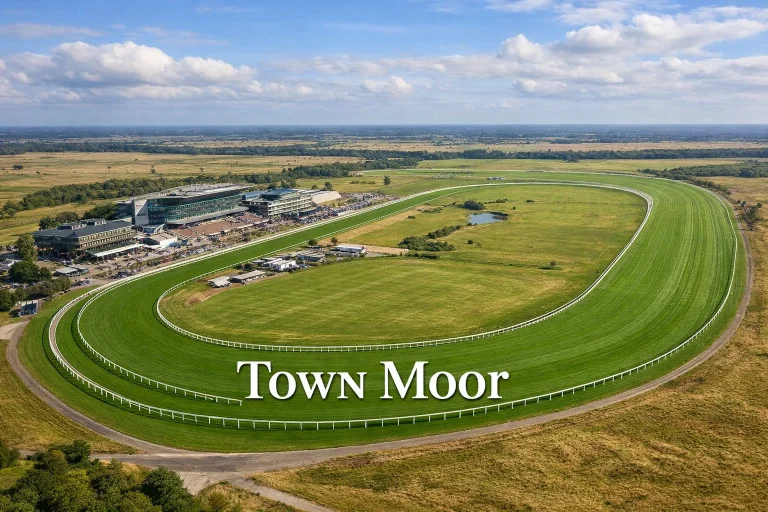 Aerial view of Doncaster Racecourse and Town Moor showing the full flat track layout