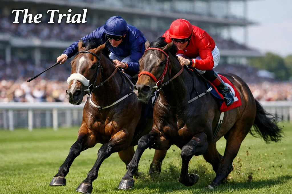 Thoroughbred racehorses racing on the Knavesmire straight at York Racecourse