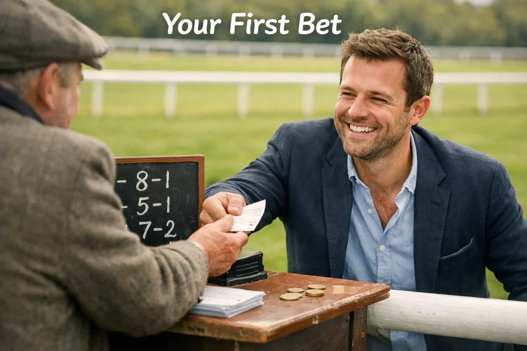 Friendly racegoer placing a first bet at a bookmaker counter at a British racecourse