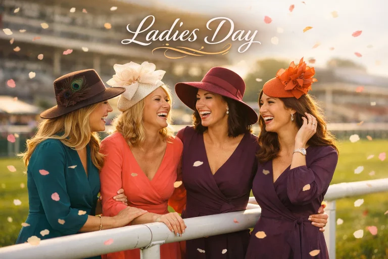Group of stylish women in colourful dresses and hats enjoying Ladies Day at a racecourse