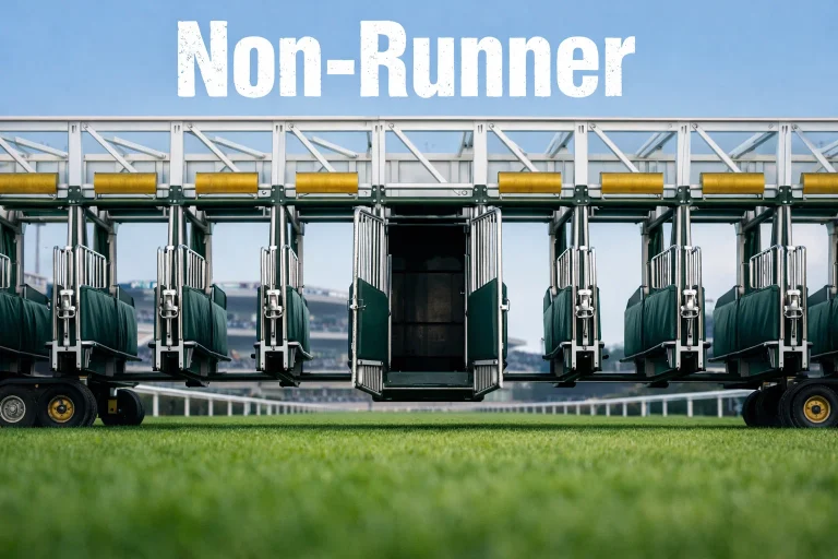 Empty horse stall with an open gate at a racecourse starting area on turf