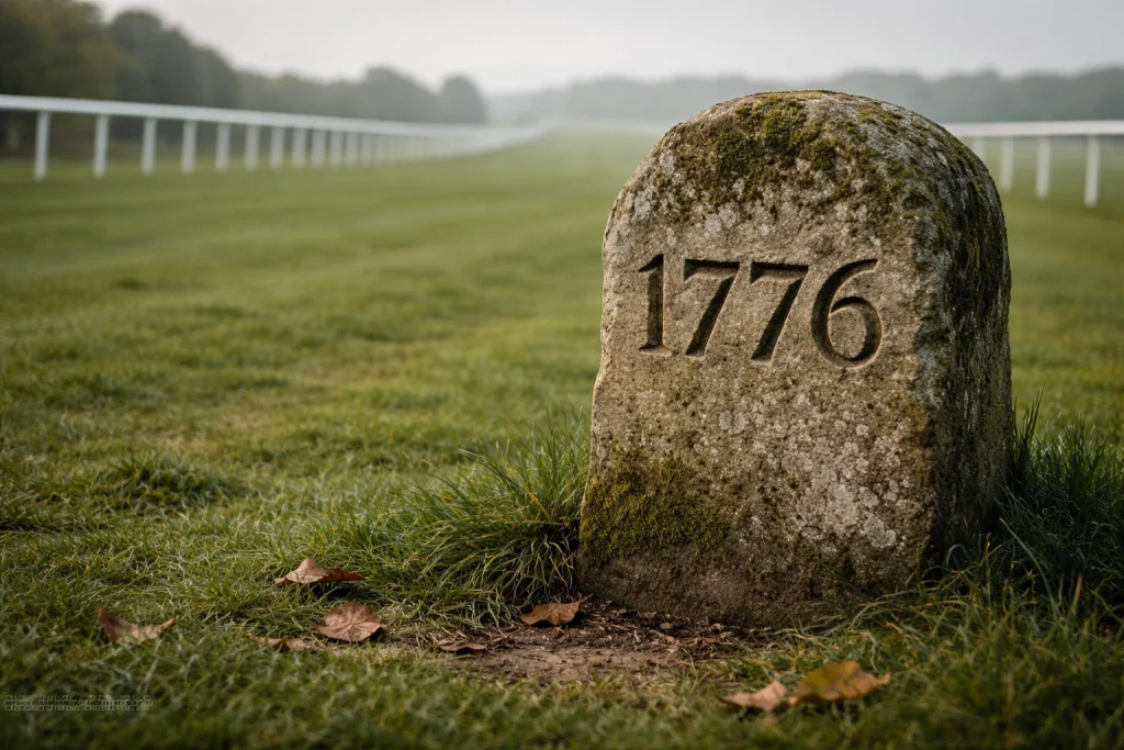 Weathered stone milestone marker engraved 1776 on the turf edge of a racecourse