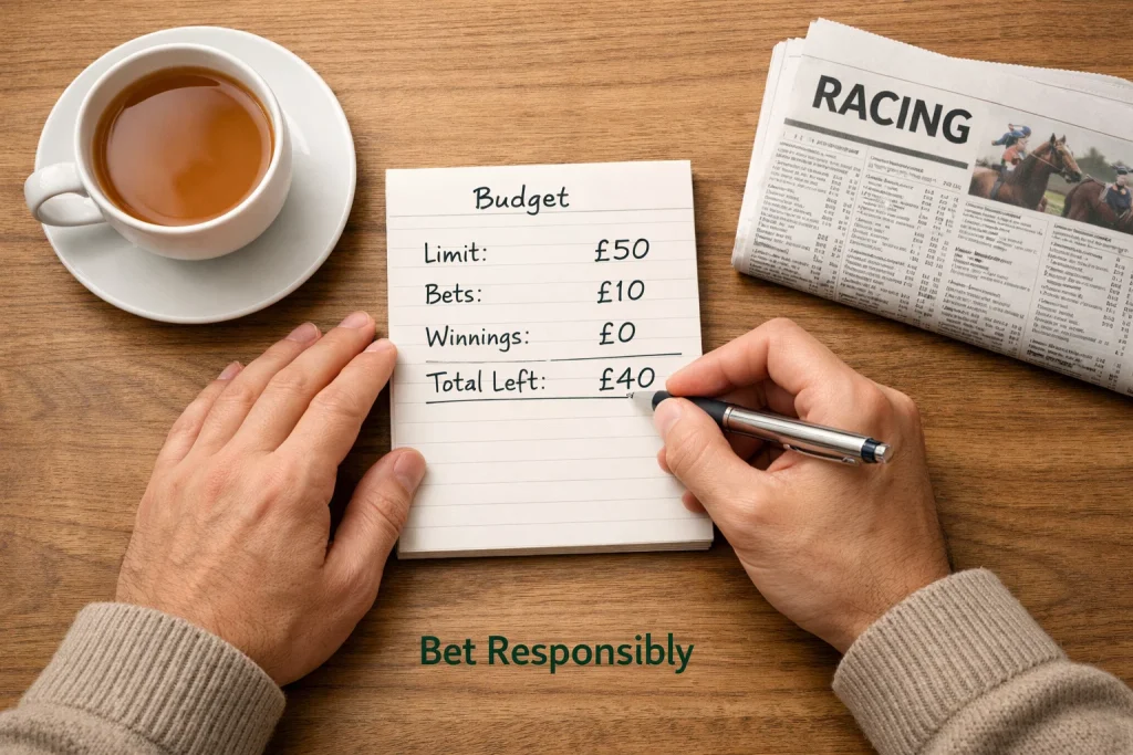 Person calmly setting a deposit limit on a notepad beside a cup of tea