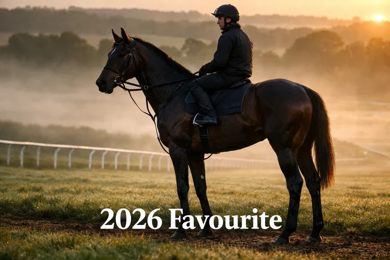 Thoroughbred racehorse in profile with morning mist on a training gallop