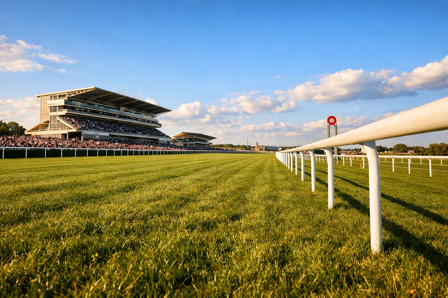 Doncaster Town Moor racecourse on St Leger Stakes day with green turf and grandstand