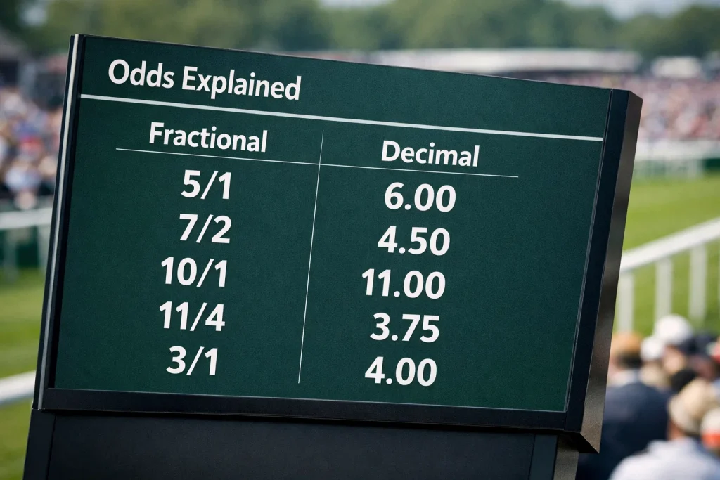 Close-up of a betting board showing fractional and decimal odds side by side