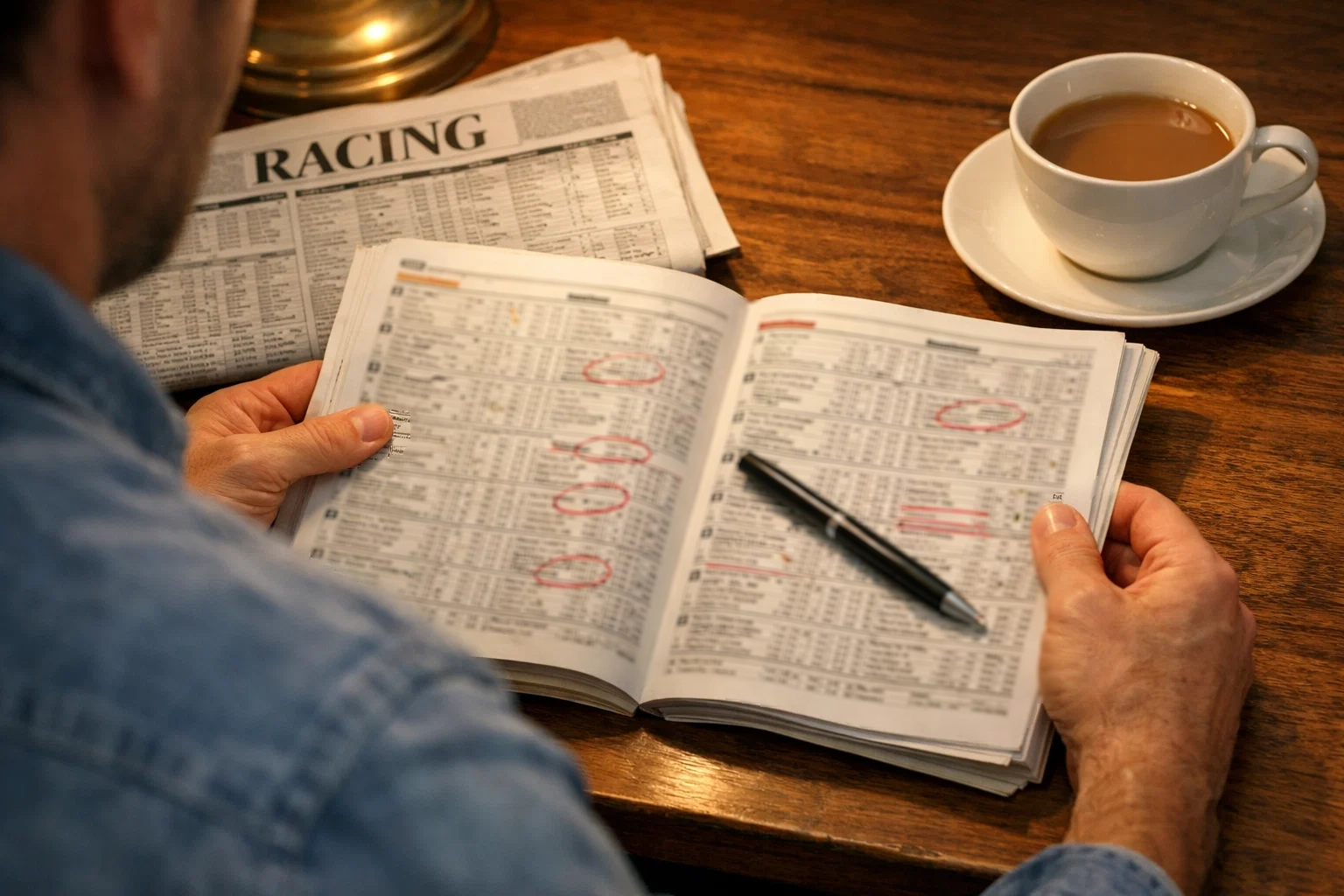 Person studying a horse racing form guide and newspaper with marked selections at a desk