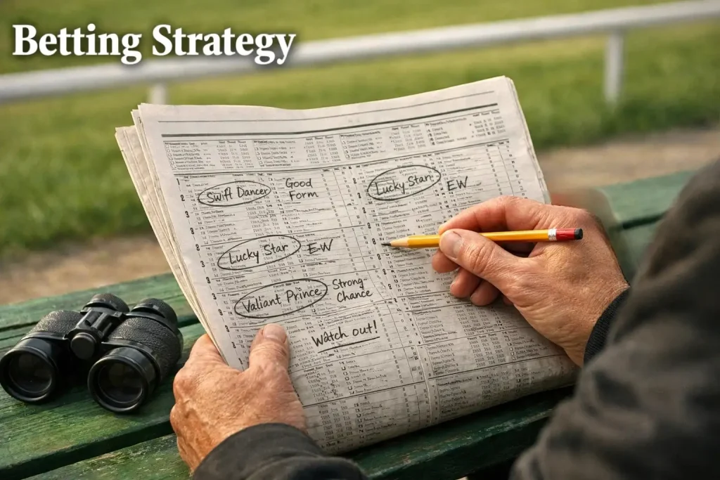 St Leger betting strategy with racegoer studying form guide