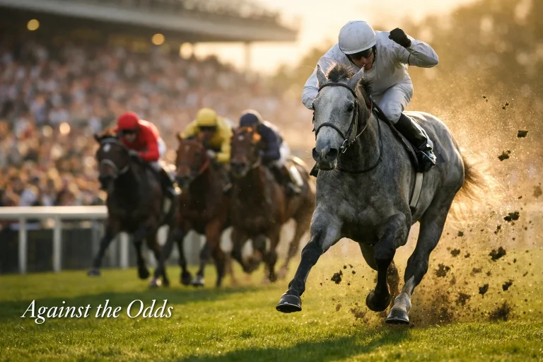 Outsider racehorse surging ahead of the field in a dramatic flat race finish