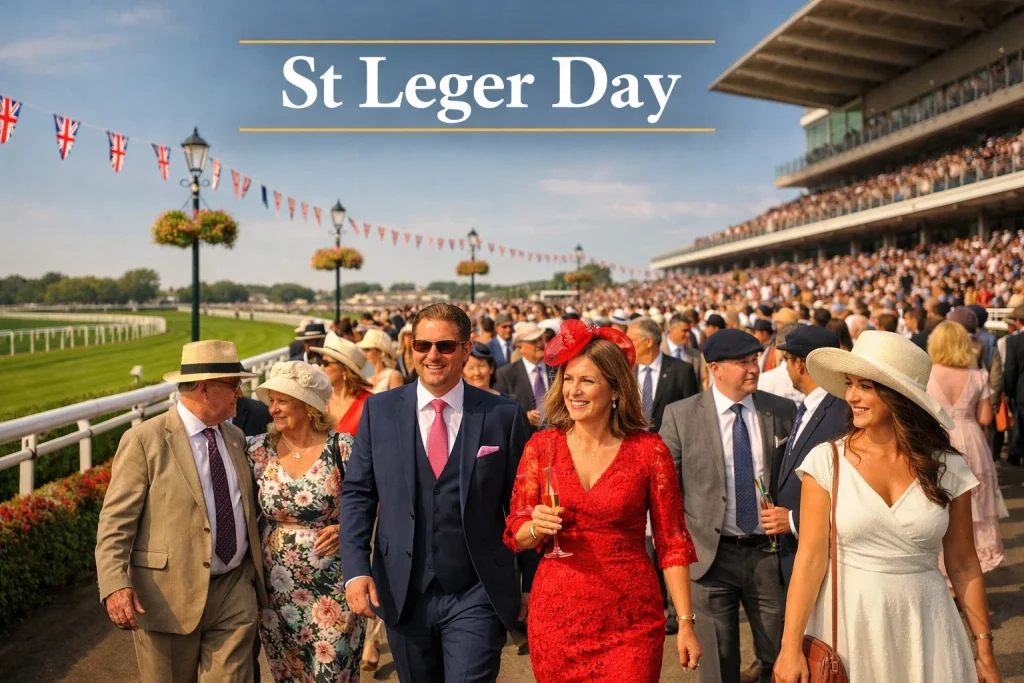 Crowd of smartly dressed racegoers at Doncaster Racecourse on St Leger Day