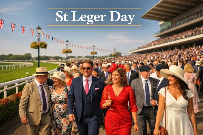 Crowd of smartly dressed racegoers at Doncaster Racecourse on St Leger Day