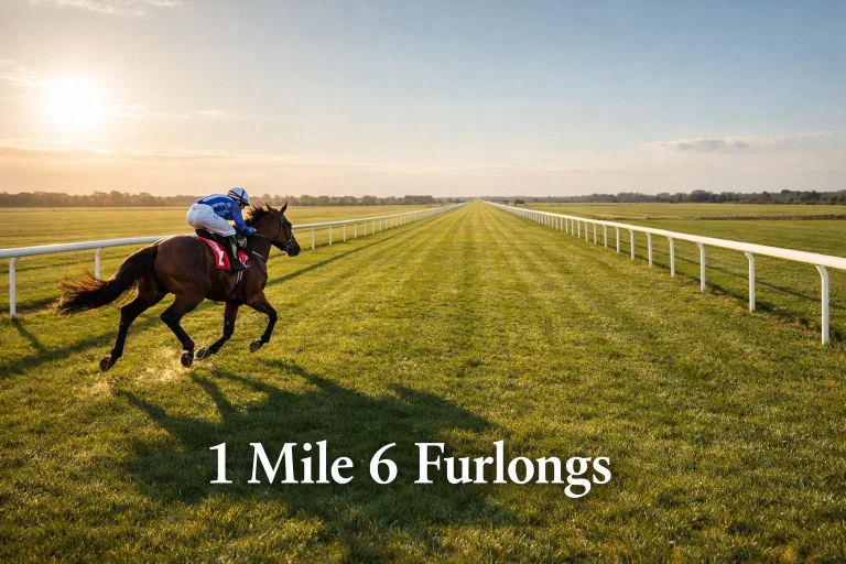 Lone thoroughbred galloping along a long straight turf track stretching to the horizon