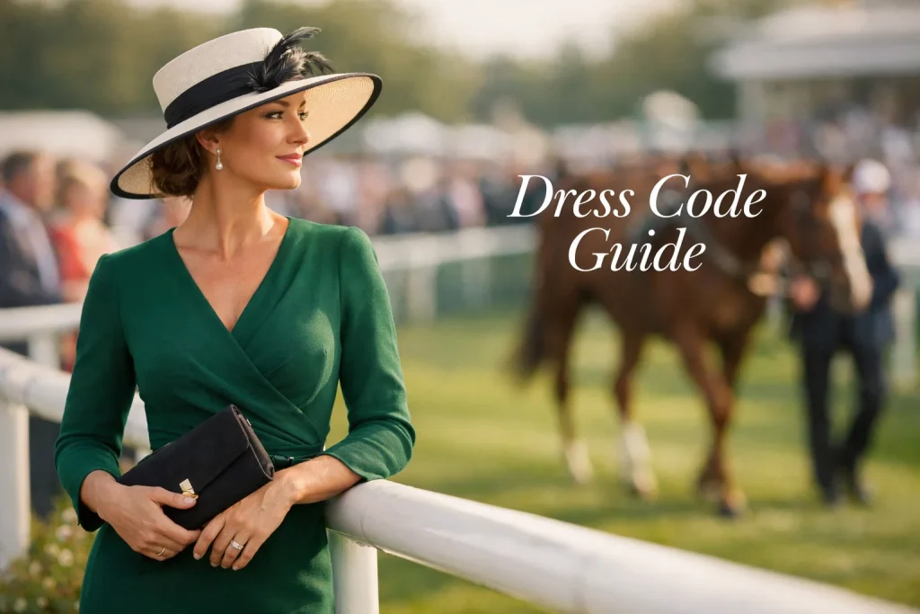 Elegant racegoer in a stylish hat and dress standing near the paddock at Doncaster