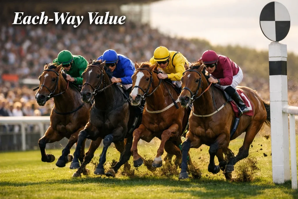 Tight group of thoroughbred racehorses finishing close together on turf at a flat racecourse