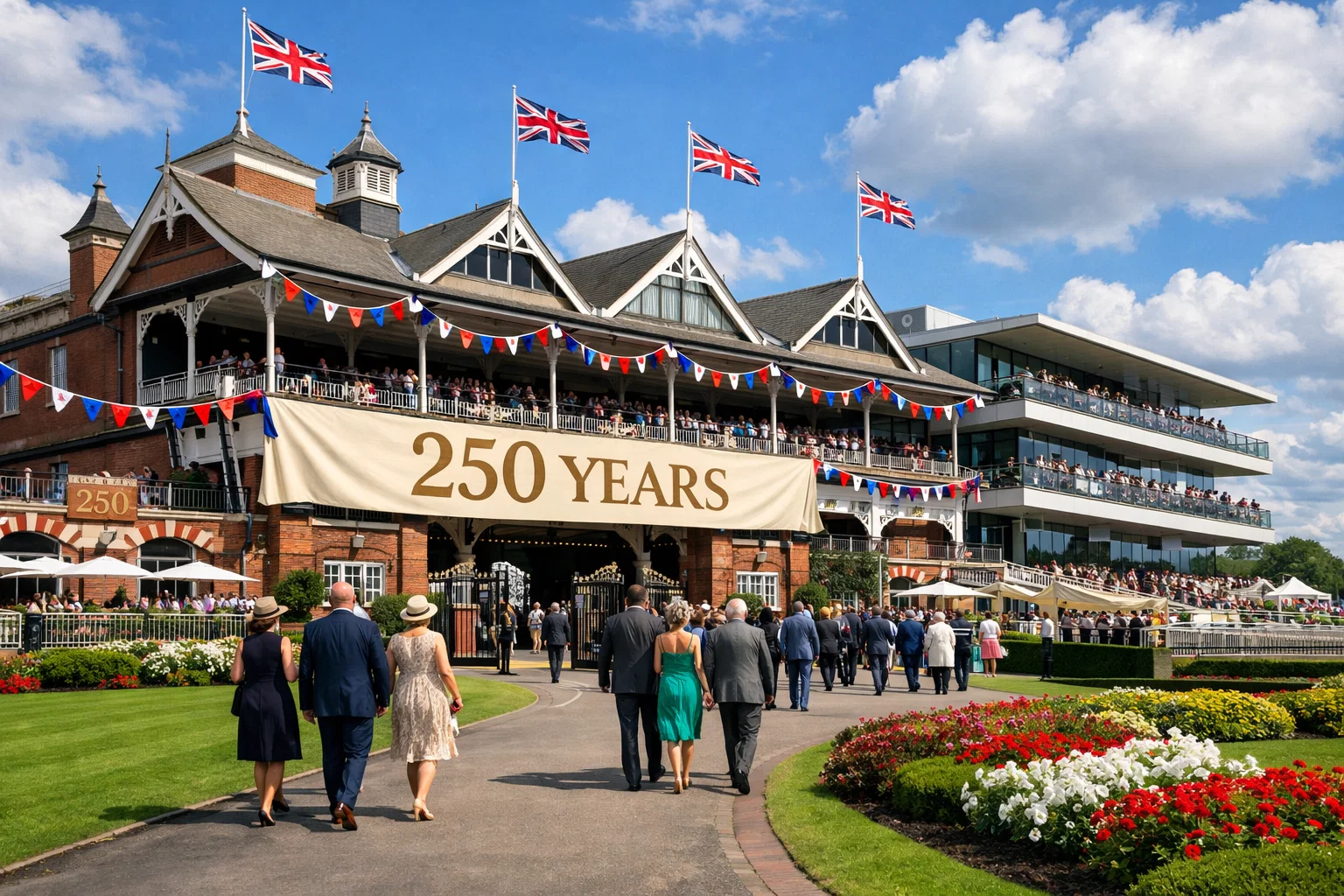 Doncaster Racecourse grandstand decorated for a major flat racing festival day in September