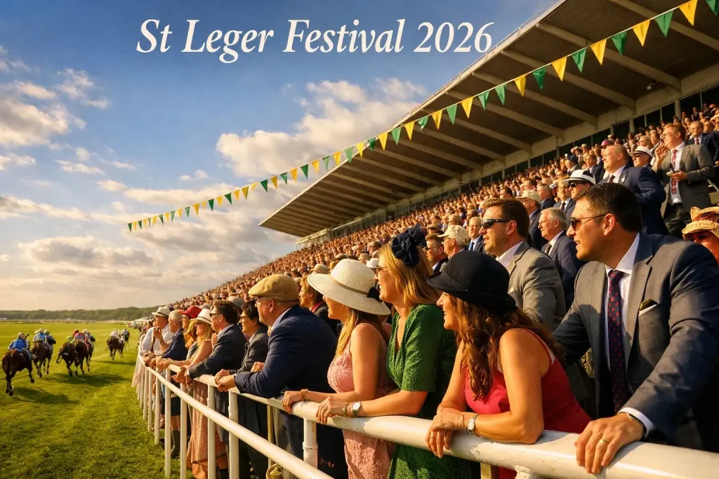 St Leger Festival 2026 crowd at Doncaster Racecourse grandstand