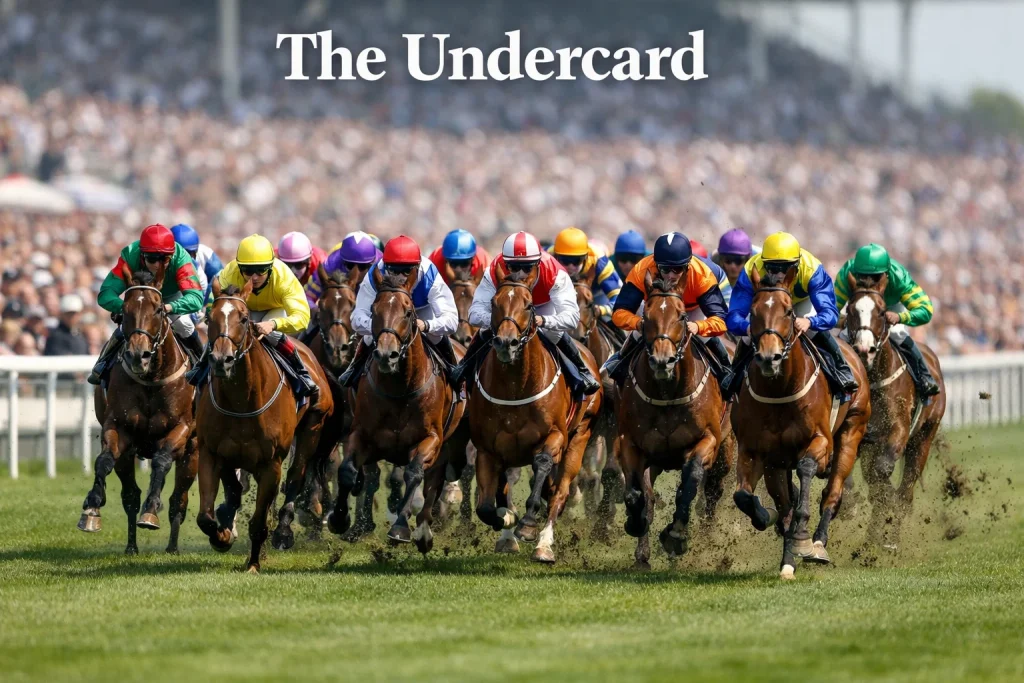 Field of racehorses sprinting in a handicap race on a flat turf course