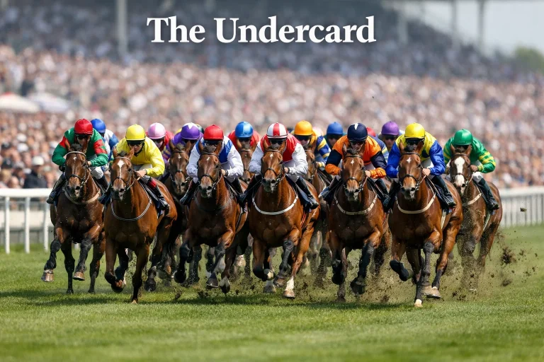 Field of racehorses sprinting in a handicap race on a flat turf course