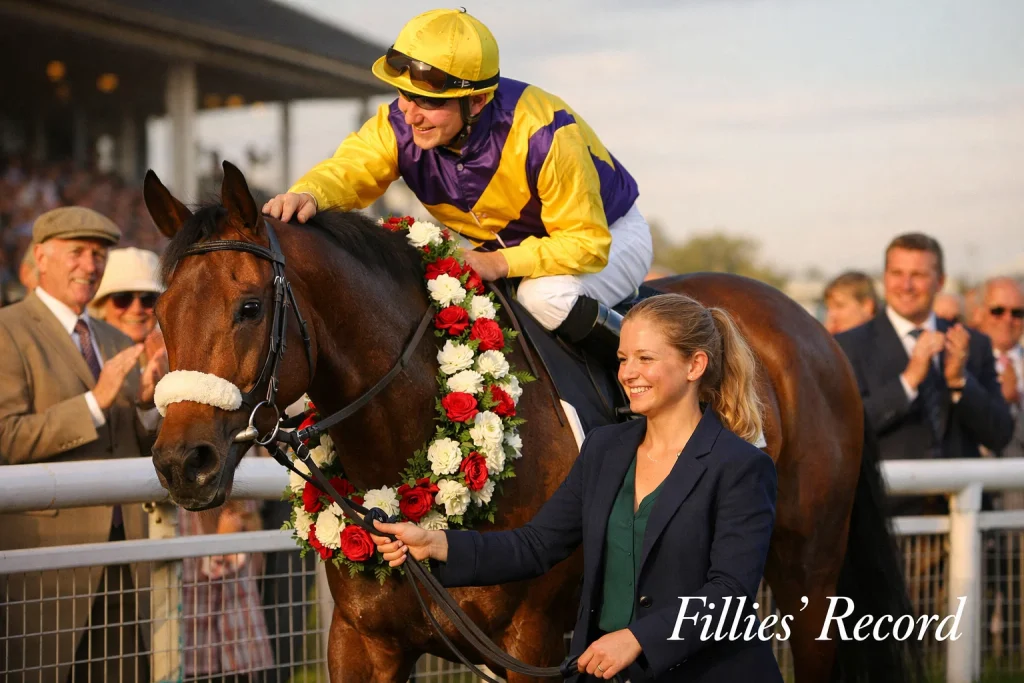 Elegant filly racehorse with a flower garland being led through the winner's enclosure