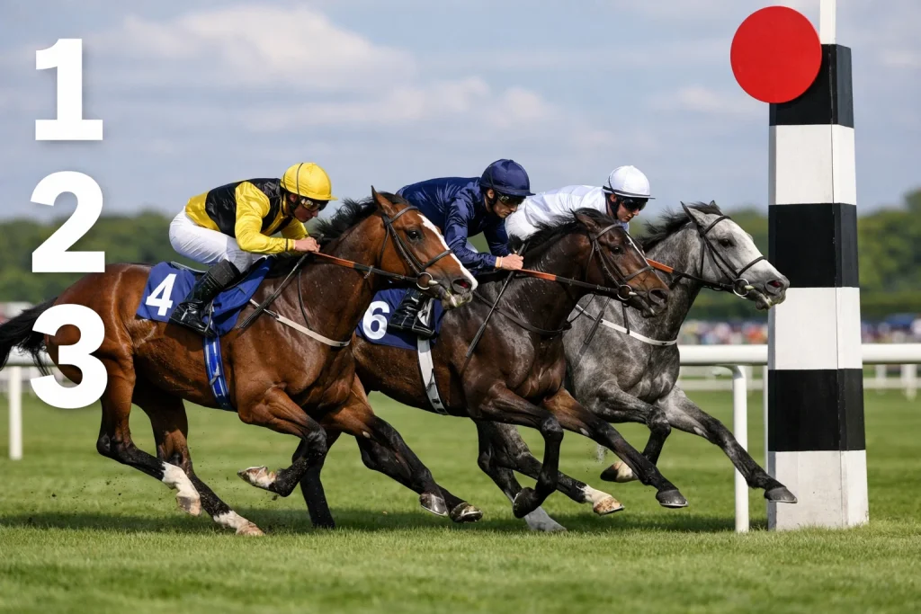 Three racehorses crossing the finish line in order on a turf flat course