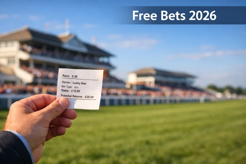 Racegoer holding a betting slip at Doncaster Racecourse with the grandstand in the background