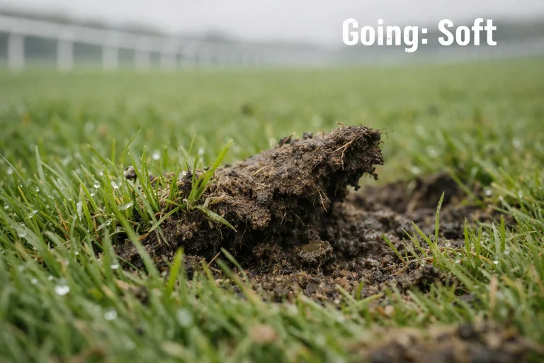 Close-up of turf surface at Doncaster Town Moor showing soft ground with divot marks