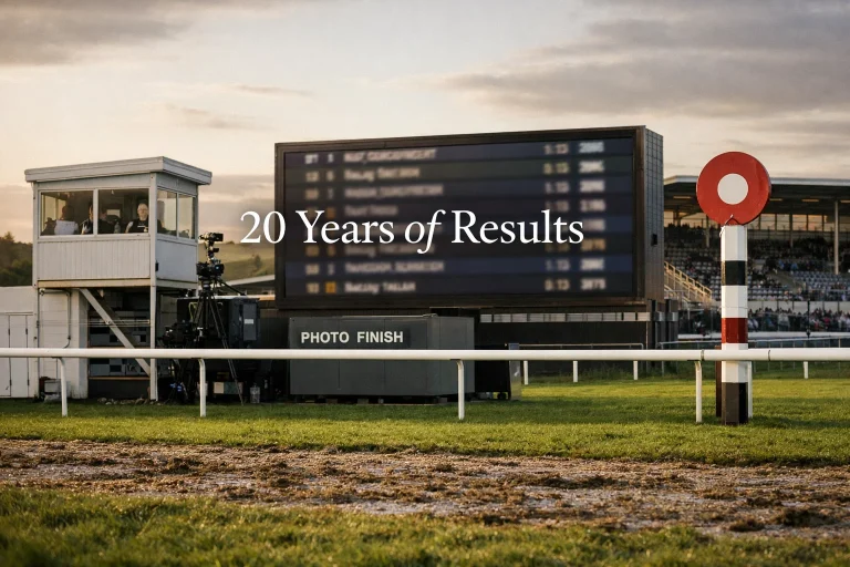 Vintage-style collage of a racecourse finish line with a large results board behind it