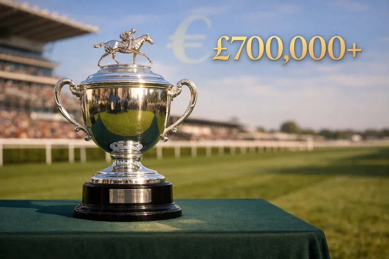Gleaming St Leger winner's trophy on a presentation table with a blurred racecourse behind
