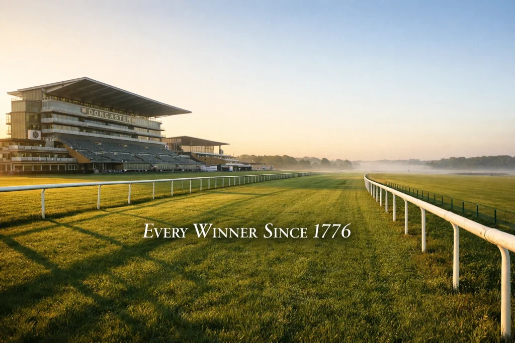 Historic Doncaster Racecourse grandstand with Town Moor turf stretching into the distance