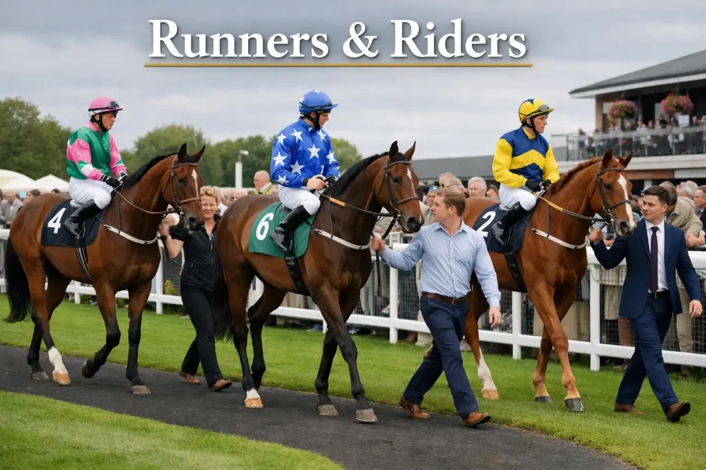 Thoroughbred racehorses and jockeys in the parade ring before a flat race at Doncaster