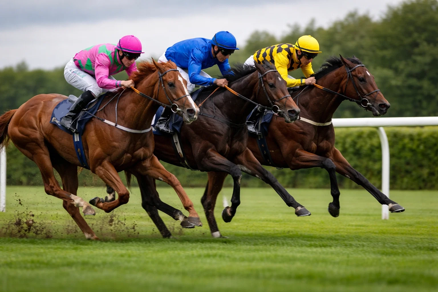 Thoroughbred racehorses running on flat turf track during a long-distance Group 1 staying race