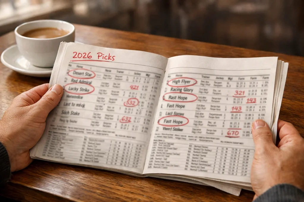 Expert studying St Leger 2026 race form guide with pen marks and notes at Doncaster