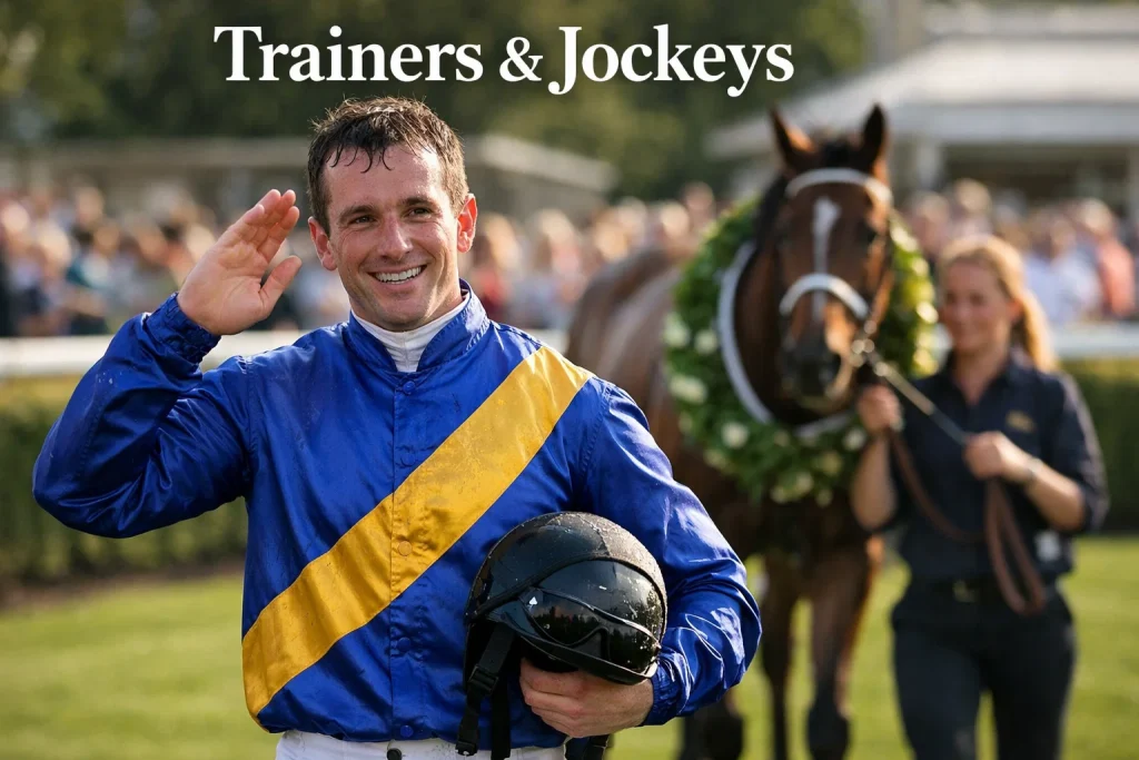 St Leger trainers and jockeys celebrating victory at Doncaster