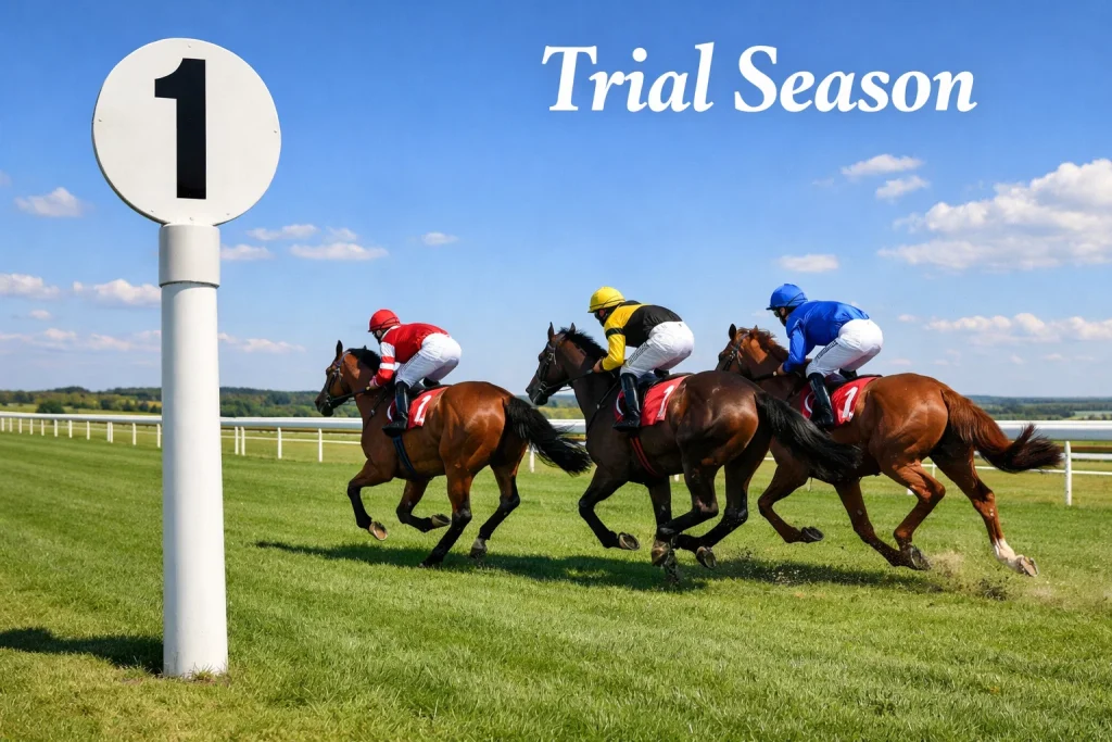Racehorses galloping past a mile marker post on a flat turf course in summer sunshine