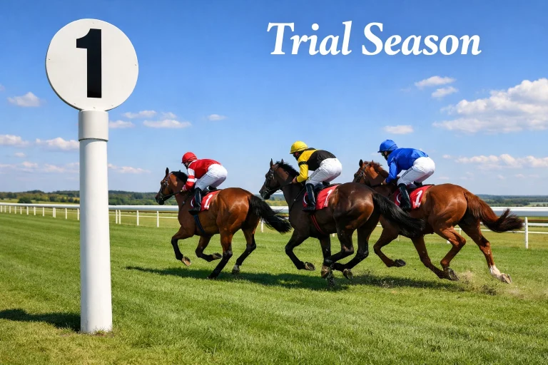 Racehorses galloping past a mile marker post on a flat turf course in summer sunshine