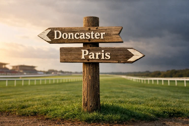 Signpost at a racecourse pointing in two directions — Doncaster and Paris