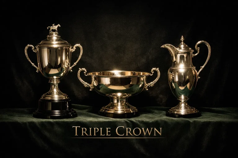 Three gleaming horse racing trophies on a velvet cloth representing the Triple Crown classics