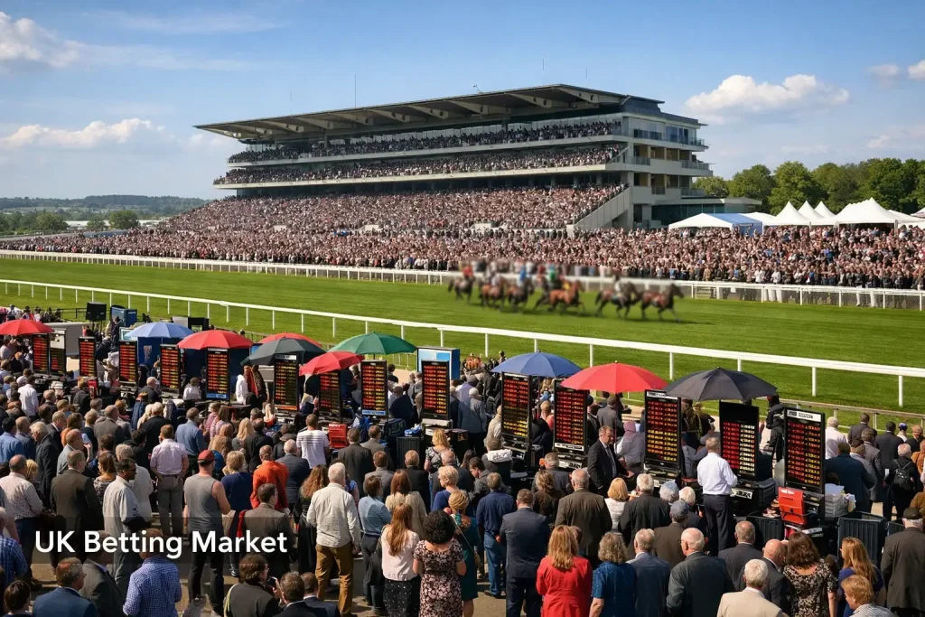 Wide shot of a packed British racecourse grandstand with the betting ring in the foreground