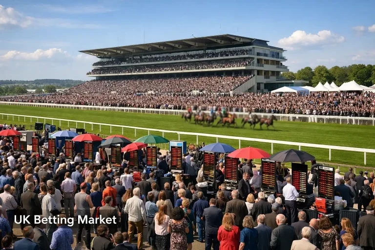 Wide shot of a packed British racecourse grandstand with the betting ring in the foreground